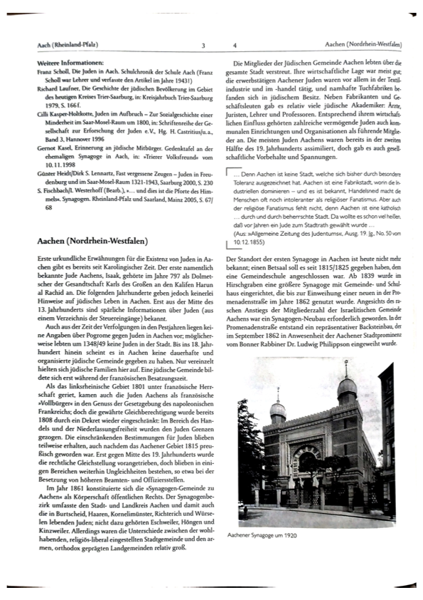 Entry from Alicke's Lexikon der jüdischen Gemeinden im deutschen Sprachraum on Aachen.